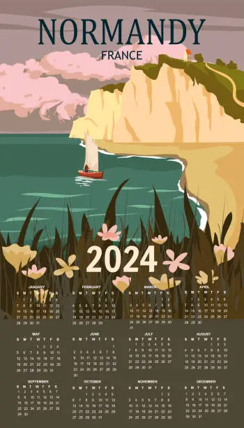 Vector illustration of Calendar 2024 Normandie France Travel wall poster, vintage