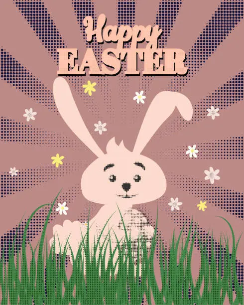 Vector illustration of Happy Easter poster eggs hunt, white cute bunny with color eggs