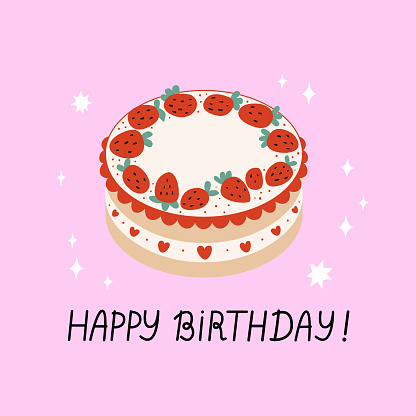 Holiday greeting card with strawberry cake and handwritten lettering happy birthday. Vector flat illustration