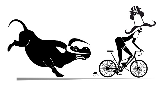Cartoon frightened cyclist man escapes from the angry bull. Black and white illustration