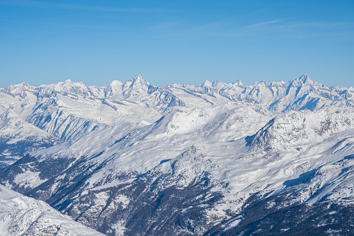 Perfect ski slope.  High mountain  landscape  At the top. Italian Alps  ski area. Ski resort PASSO TONALE. Italy, Europe.