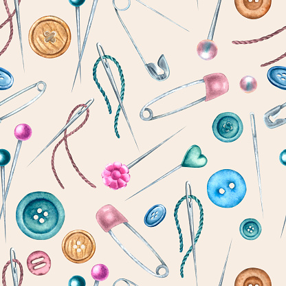 Watercolor pattern on a colored background with buttons, needles, threads, different sewing pins, flat plastic head and safety pin. For prints, postcards, pattern, wrapping paper, wallpaper.