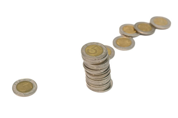 Stack of Polish money, PLN 5 coins on a white background