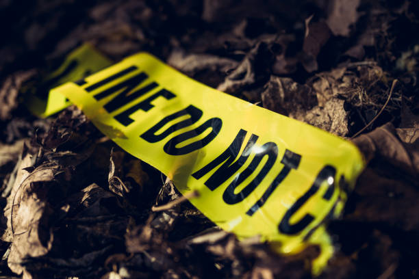 Yellow police cordon tape. Crime scene.