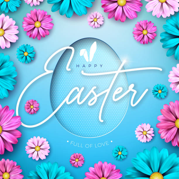 Happy Easter Holiday Design with Spring Flower and Egg Symbol on Blue Background. International Religious Vector Celebration Illustration with Typography for Greeting Card, Party Invitation or Promo Banner. vector art illustration