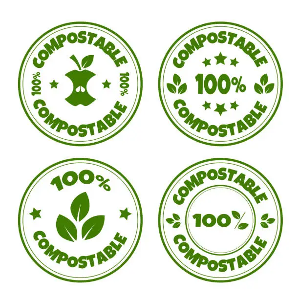 Vector illustration of Set of  compostable stamp. Collection of Compostable Ecology icon