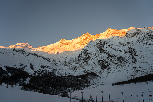 The Summits of Täschhorn, Dom and Südlenz in the Mischabel Mountain Range in the Alps at Sunrise, Saas-Fee, Switzerland