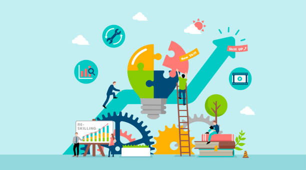ilustraciones, imágenes clip art, dibujos animados e iconos de stock de reskilling (upskilling) ilustración de banner vectorial - habilidad capacidad