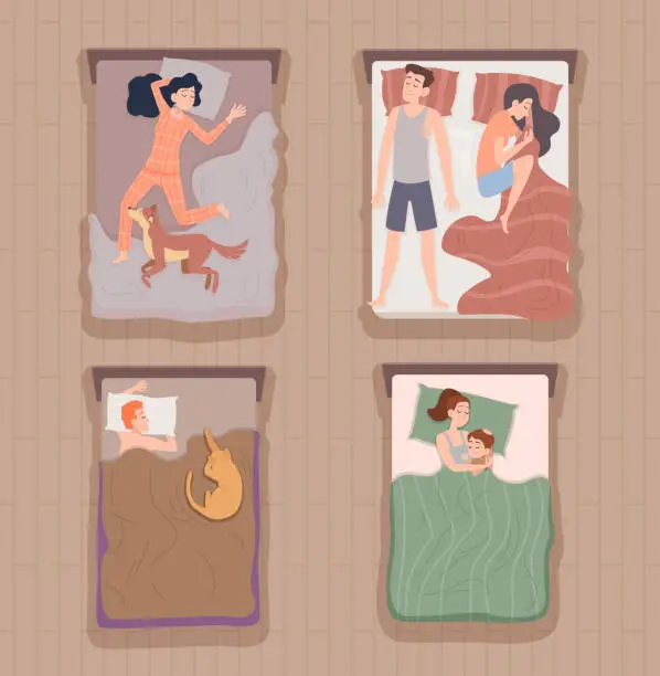 Vector illustration of Sleeping top view. Characters lying in bed sleeping on pillow alone or couples with animals or kids exact vector cartoon illustration