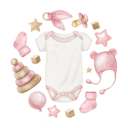 Round composition of accessories for newborn girl, bodysuit soother, cap, socks, toy pyramid, stars and teether. Isolated watercolor illustrations kids good and shop, cards, baby shower, kid's room