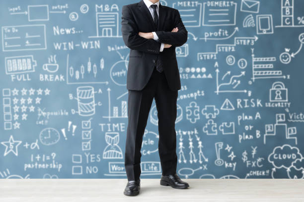 Thinking businessman and handwritten business concepts illustration