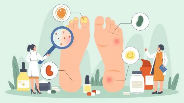 Vector illustration of Podiatry concept. Nail and foot disease, medical treatment. Tiny doctors or scientists looking on feet with problems, snugly diagnosis vector scene