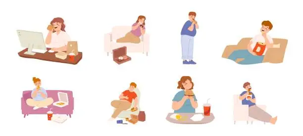 Vector illustration of Fat people eating fast food. Overweight young adults with burger, pizza, chips and chicken wings. Junk food, unhealthy nutrition snugly vector set
