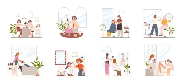 Vector illustration of Salon procedures. Woman at manicure, pedicure and hair style. Stylist and beauty professionals at work. Hairdressers, snugly vector scenes