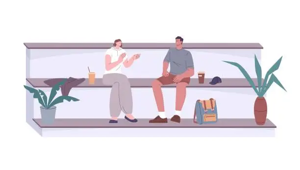 Vector illustration of Young students talking. Conversation, dating and relationships. Friends meeting and drinking coffee take away on bench. People communication vector scene