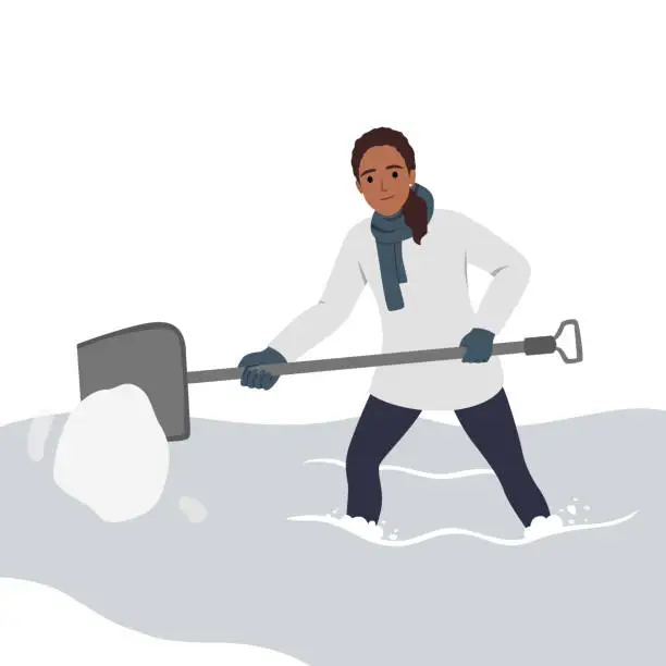 Vector illustration of Woman with shovel cleaning and digging out car covered with snow and stuck in it after blizzard. Woman shoveling near auto in snowy storm in winter.