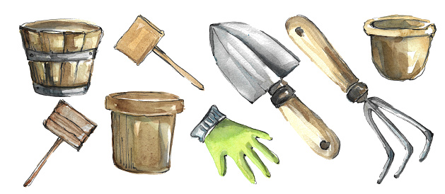Gardening. Set of tools for planting. Latex gloves, wooden signs and clay pots, fork and spatula with wooden handle. Hand drawn watercolor illustration on white background.