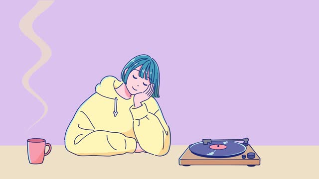 Anime video for lo-fi music video with anime girl listening to music on record