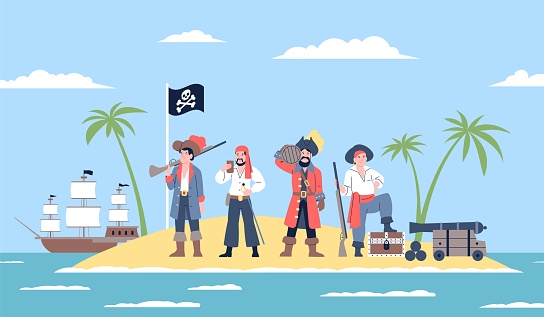 Pirate island. Cartoon robbers ship crew with wooden chests. Pirates hidden treasures on ocean beach. Corsair and team, marine adventures recent vector scene of cartoon pirate ship illustration