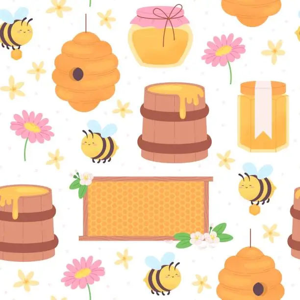 Vector illustration of Beekeeping seamless pattern. Sweet honey jar, honeycombs and cute cartoon bee. Flat wooden barrel and flowers, seasonal racy vector background