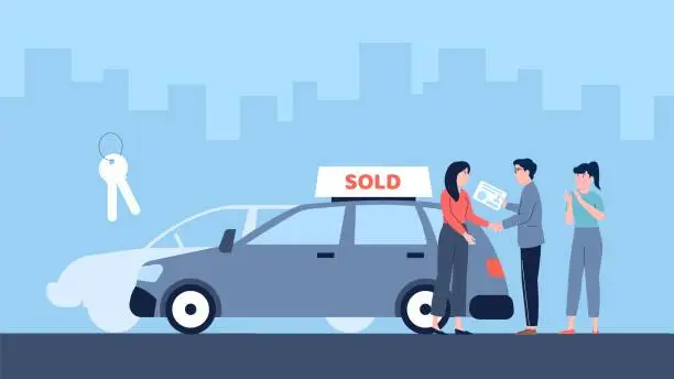 Vector illustration of Young woman buy first car. Used cars sales, sold good automobile. Seller and buyer on auto market, make a deal vector flat concept