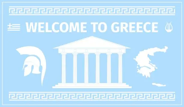 Vector illustration of Greece travel. Poster with parthenon and land silhouettes, decorative greek borders or ornaments. Tourism simple banner template, recent vector background