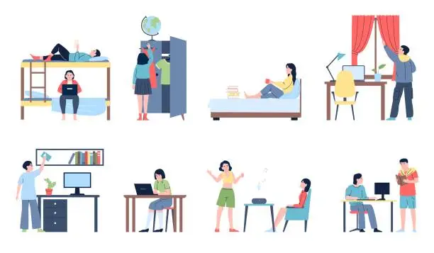 Vector illustration of Students in dormitory. College or university student lives with neighbors. Young adults in furnished rooms, hostel or camp, recent vector scenes