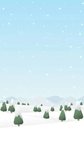 Vector illustration of Winter mountains landscape with pines and hills vector illustration. Merry Christmas and Happy New Year greeting card vertical template.