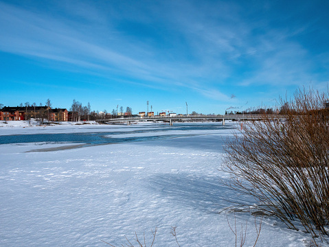 Sunny March scenery of Pikisaari in Oulu, Finland