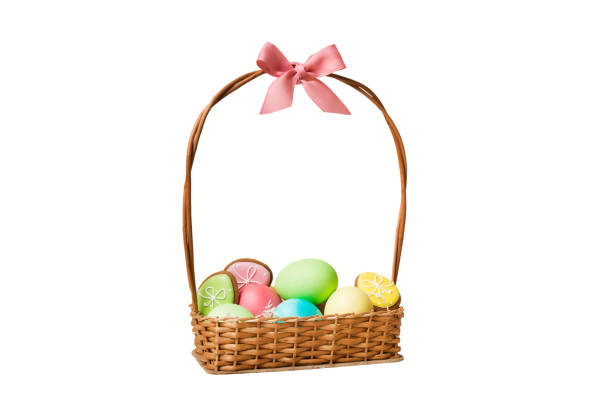 Basket of colorful Easter eggs isolated on white background. Easter basket filled with colored eggs top view holiday concept .