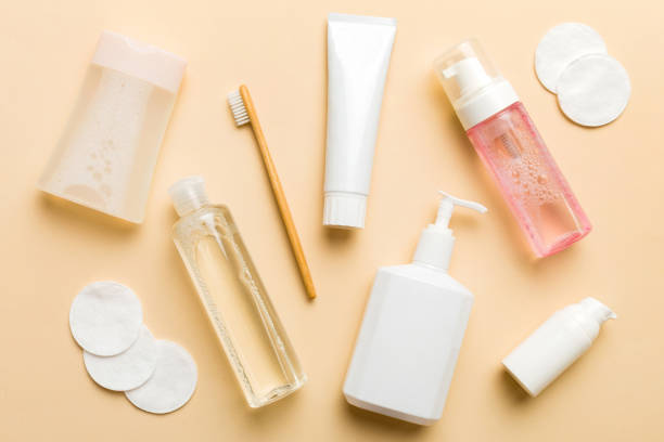 istock Mockup for bathing products top view flat lay, spa razor, toothpaste, soap, gel and other various accessories. Cosmetics for skin health. Bath Mockup for your logo 2093418625