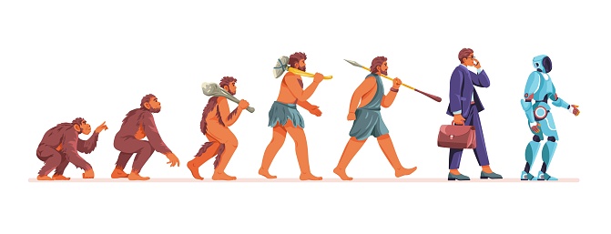Human evolution stages. Homo sapiens progression monkey human ancestor to future businessman or cyborg, early caveman and modern man cartoon vector illustration of development progress evolution
