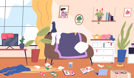Messy room. Messed sofa livingroom cluttered home apartment interior, dirty broken house mess socks clothes chaos trashed floor chaotic things, lazy lifestyle vector illustration