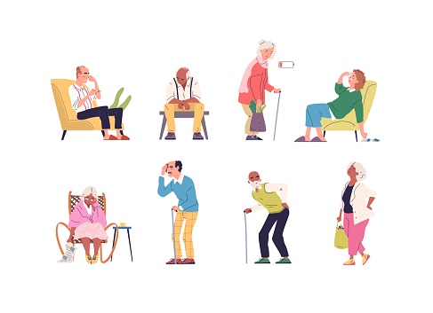 Tired senior people. Sad seniors patient lacking energy, weak elderly sitting person resting, sick elders feeling fatigue, senility old man loneliness classy vector illustration of suffer and despair