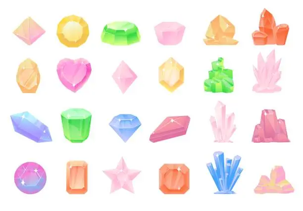 Vector illustration of Crystals and gems. Natural stones. Shiny quartz. Geological minerals. Brilliant diamonds. Delicate pastel tones. Different cut types. Rock stalactites. Vector sparkling gemstones set