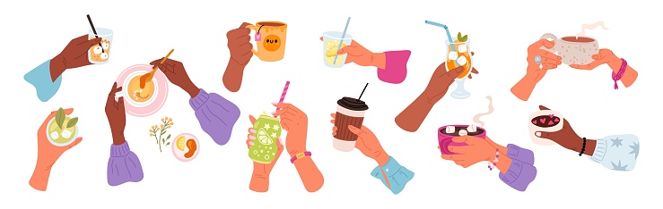 Ladies hands holding drinks. Beverages in glass or ceramic cup. Cold soda can. Tea mug in male fingers. Fresh lemonade. Takeaway coffee. Hot cacao. Female arms top and side view. Garish vector set