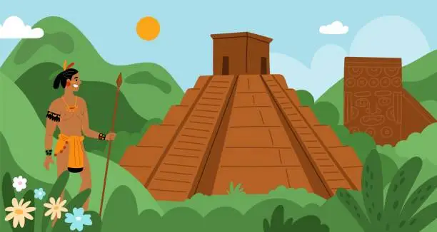 Vector illustration of Maya civilization landscape. Aztecs and Incas ancient architecture. Village with pyramid temple. South American people. Antique Indian culture. Warrior with spear. Garish vector concept