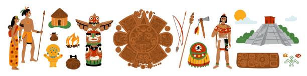 Maya civilization. Ancient Indian culture. Aztecs and Incas traditional elements. Ethnic costumes. Mexican tribe. Mesoamerican people. Occult architecture. Temple mural. Garish vector ethnographic set