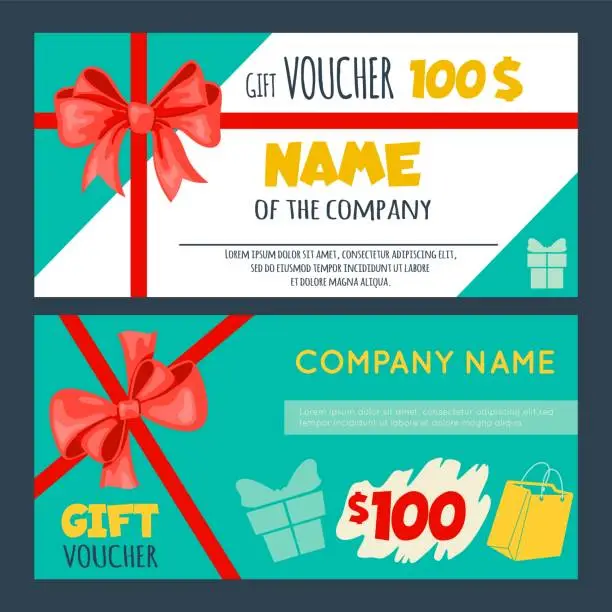 Vector illustration of Gift vouchers templates. Holidays cards with red ribbon bows. Present certificate or discount flyers. Promo tickets. Business promotion. Shopping prize. Sale offer. Recent vector set