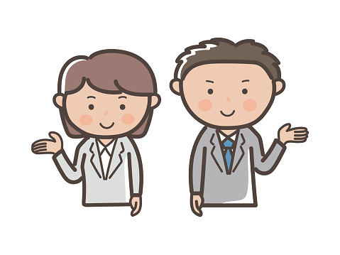Upper body illustration of male and female businessmen giving explanations and guidance
