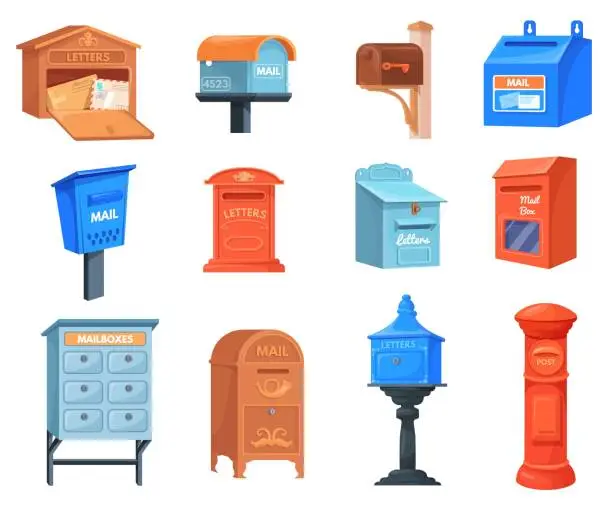 Vector illustration of Cartoon postboxes. Colorful mailboxes, post box postal letter boxes for receiving letters in postoffice or apartment correspondent mailbox delivery mail, neat vector illustration