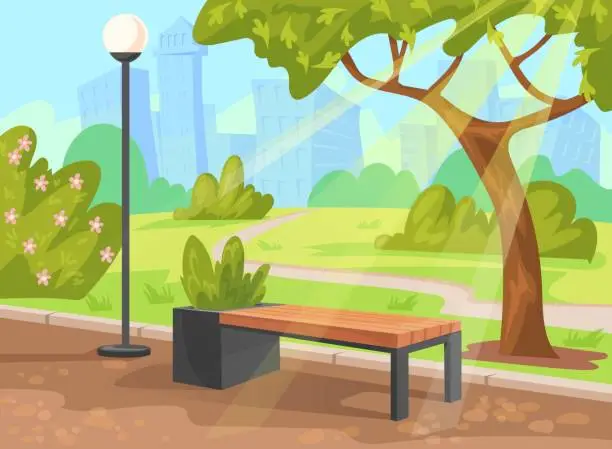 Vector illustration of Wooden bench park landscape. Benches seat place in central park city outside cartoon scene, tree outdoor nature and footpath street path alley urban garden neat vector illustration