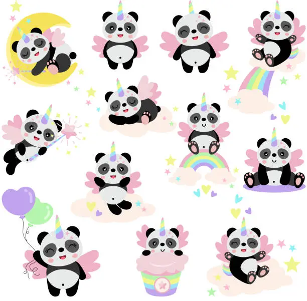 Vector illustration of Set of cute unicorn panda