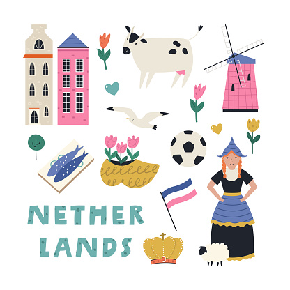 Colorful design with symbols, animals landmarks of Netherlands. Can be used for posters, travel guides, wall arts
