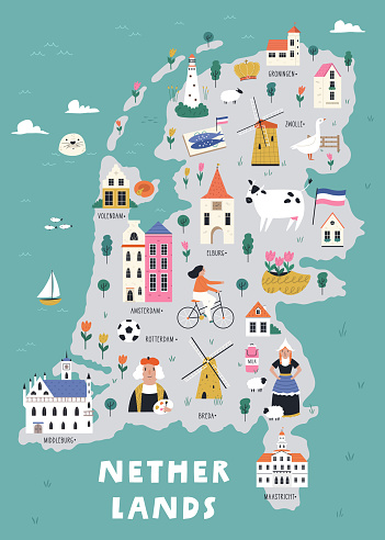 Colorful illustrated cartoon map of Netherlands with famous places, symbols. Vector bright design for posters, travel guides, magazines, wall art