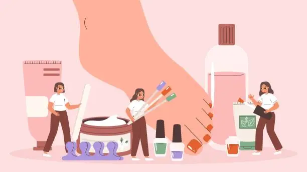 Vector illustration of Pedicure scene. Beauty salon professionals caring foot. Tiny girls doing medical beautical procedure, nail art and legs caring, snugly vector scene