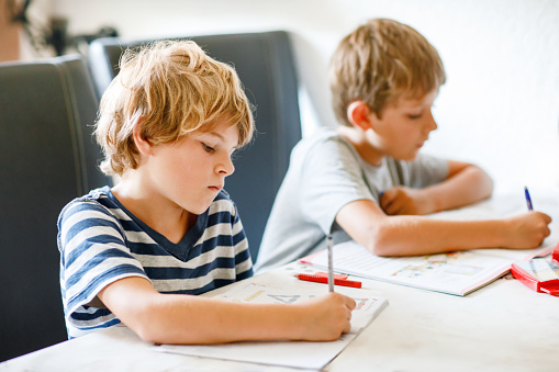 Two boys doing homework together. Brothers, siblings and twins learning at home. Elementary school students, children writing