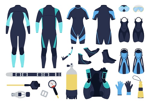 Diving elements. Scuba divers costumes, underwater swimming tools and equipment. Suits, water shoes, oxygen balloon, masks, decent vector icons. Illustration of scuba underwater, swim equipment sport