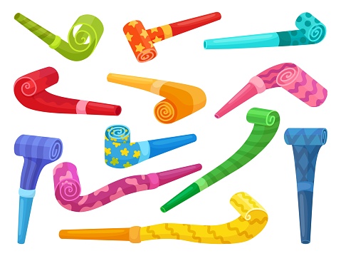 Color party blowers. Paper blower for birthday or festival time. Children toys or fans accessories. Tube horns, decorative whistles cartoon vector set of birthday blower to celebration illustration