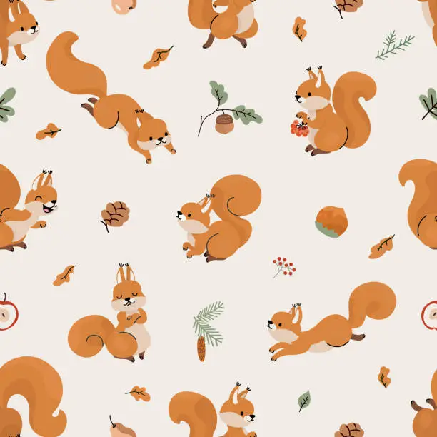 Vector illustration of Squirrel seamless pattern. Cute forest squirrels, cartoon funny wild characters. Vintage style childish fabric print, nowaday vector background